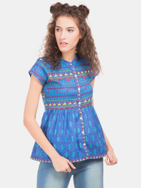 

Bronz Women Blue Printed Peplum Pure Cotton Top