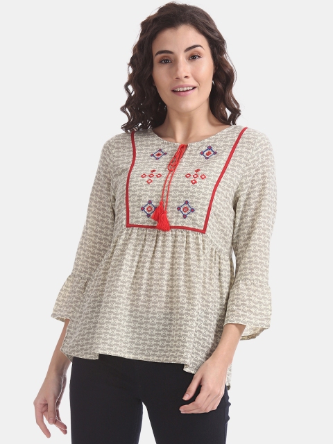 

Bronz Women Beige & Grey Printed Empire Top