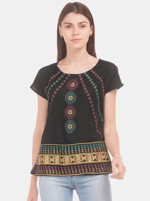 

Bronz Women Black & Green Printed A-Line Top