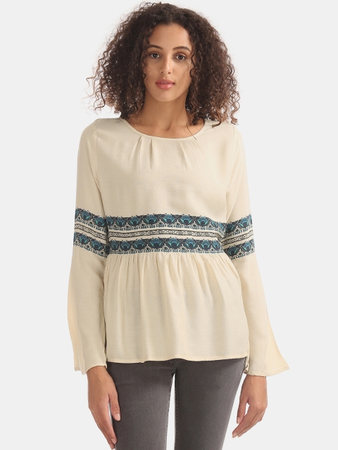 

Bronz Women Beige & Blue Self-Design A-Line Top