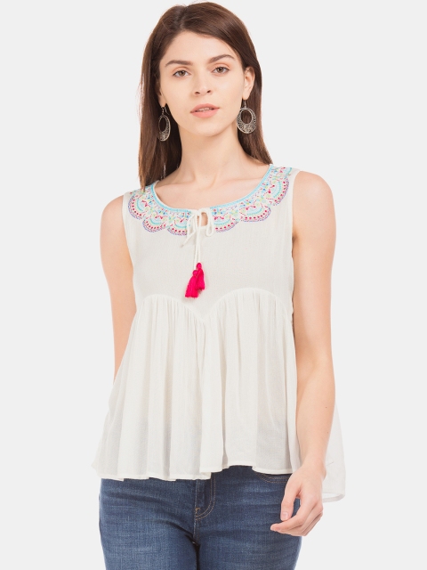 

Bronz Women White Embroidered Detail A-Line Top