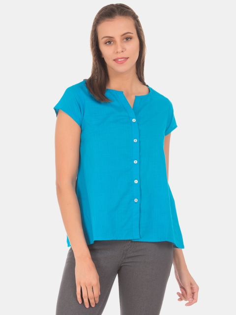 

Bronz Women Blue Solid A-Line Pure Cotton Top
