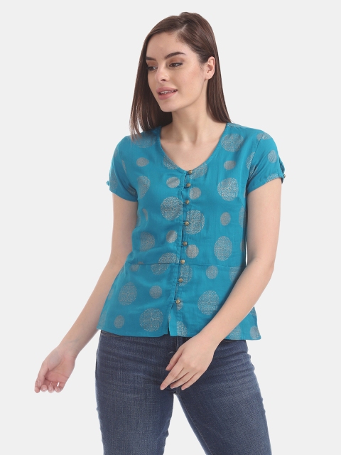 

Bronz Women Teal Blue Foil Print Pure Cotton Top