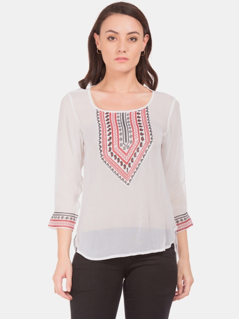 

Bronz Women White & Red Printed Semi-Sheer High-Low Top