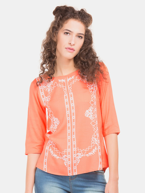 

Bronz Women Peach-Coloured & Orange Printed Top
