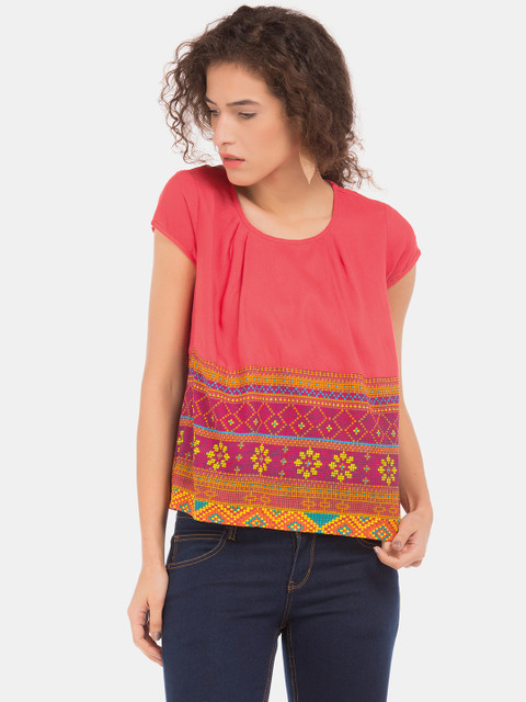

Bronz Women Pink & Yellow Printed Boxy Top, Coral