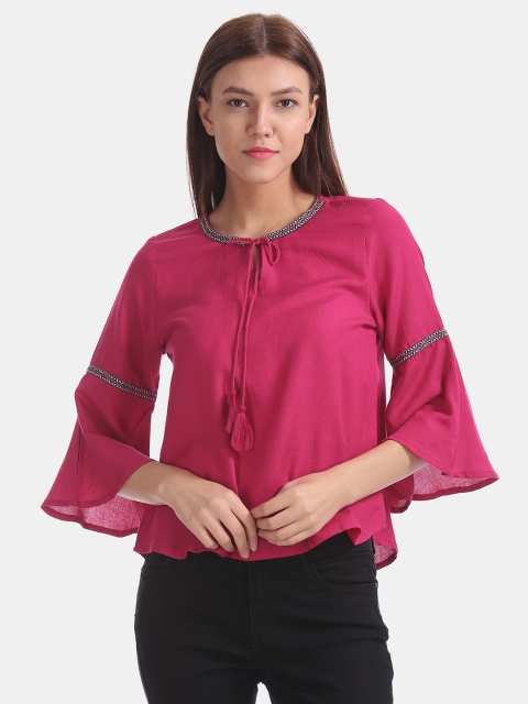 

Bronz Women Pink Solid Bell Sleeves Top