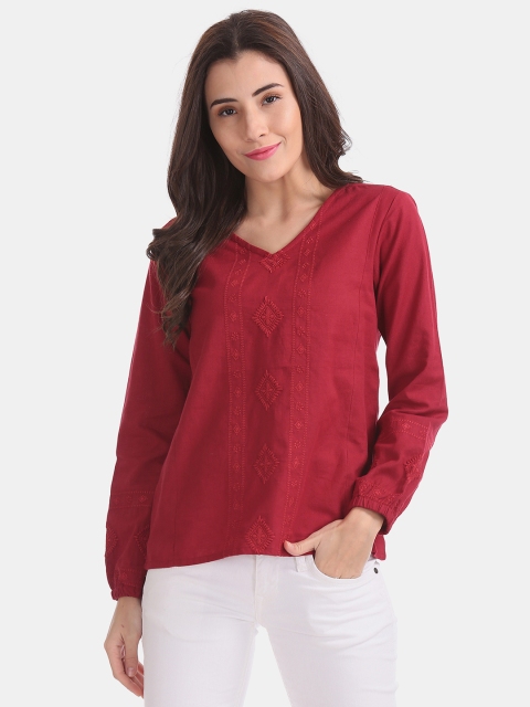 

Bronz Women Maroon Embroidered Top