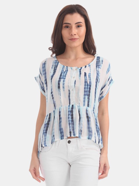 

Bronz Women White & Blue Tie & Dyed Crinkled High-Low Top