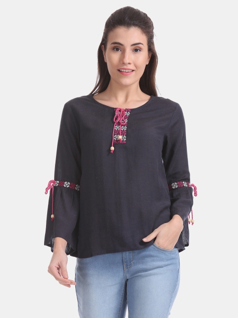 

Bronz Women Navy Blue Solid Bell Sleeves Top
