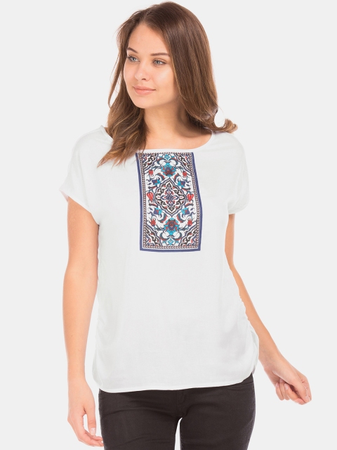 

Bronz Women White & Blue Printed Ruched Top
