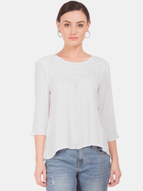 

Bronz Women White Solid Crinkled A-Line Top With Lace Insert Detail