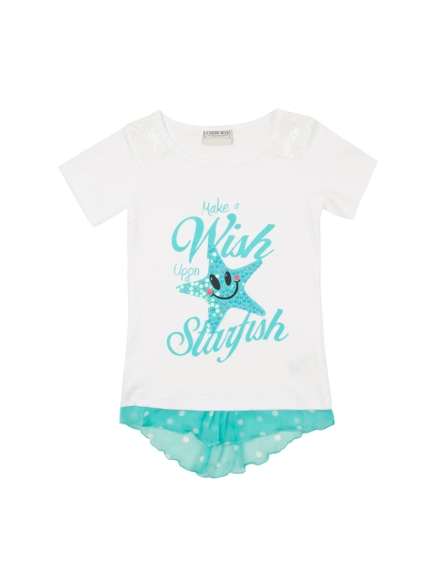 

Cherokee Girls White Printed Ruffle Trim High-Low Pure Cotton Top