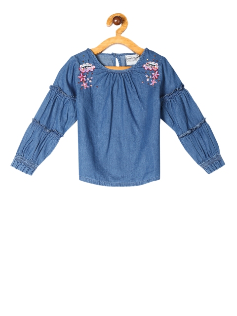 

Cherokee Girls Blue Solid A-Line Embellished Chambray Pure Cotton Top