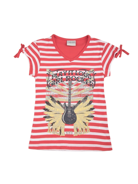 

Cherokee Girls Red Striped Cold Shoulder A-Line Pure Cotton Top