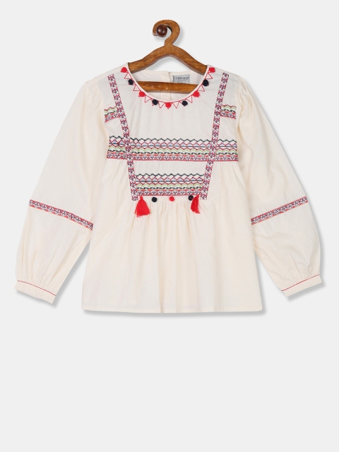 

Cherokee Girls Off-White Embroidered Gathered A-Line Pure Cotton Top