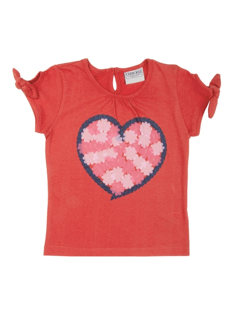 

Cherokee Girls Red Floral Embellished Pure Cotton Top With Tie-Up Sleeves