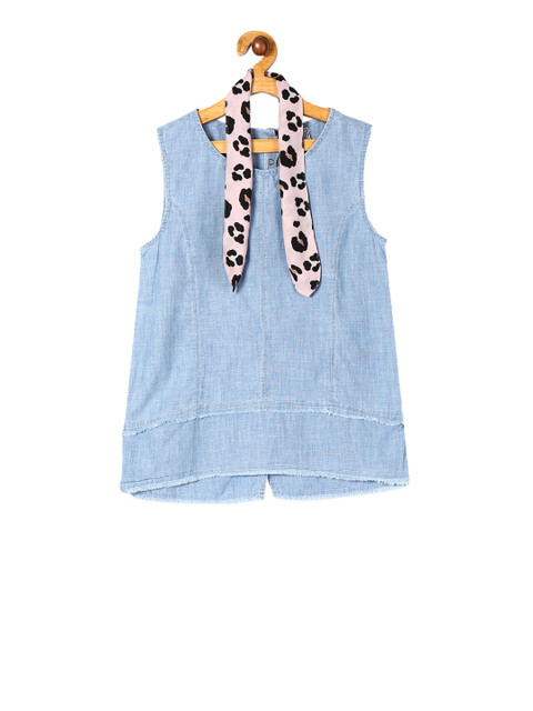 

Cherokee Girls Blue Solid A-Line Frayed Hem Pure Cotton Top