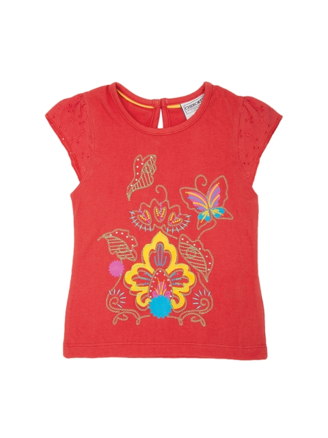 

Cherokee Girls Red Floral Print Top with Schiffli Embroidered Sleeves