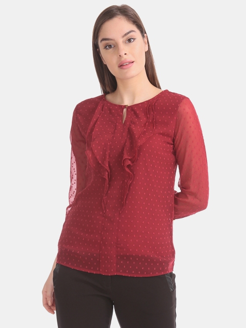 

ELLE Women Red Self Design Ruffled Top