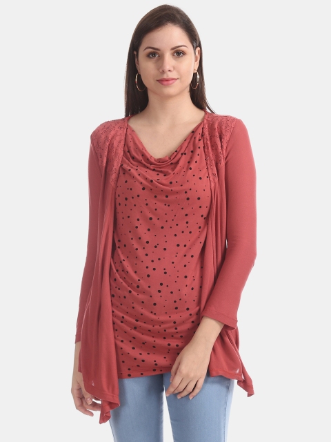 

ELLE Women Rust Brown & Black Polka Dots Printed Layered Top