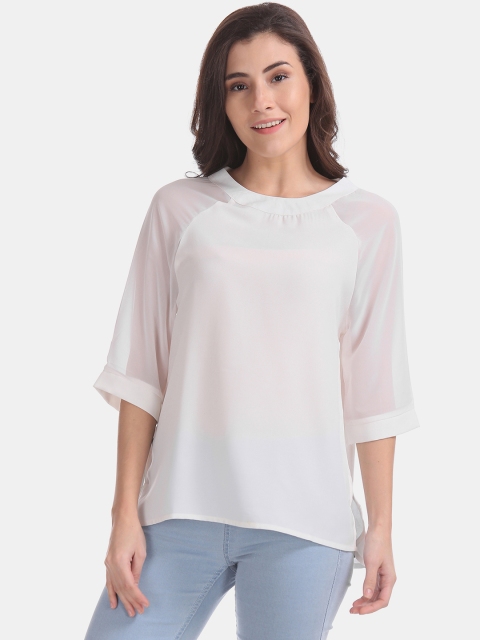 

ELLE Women White Solid Semi-Sheer Top