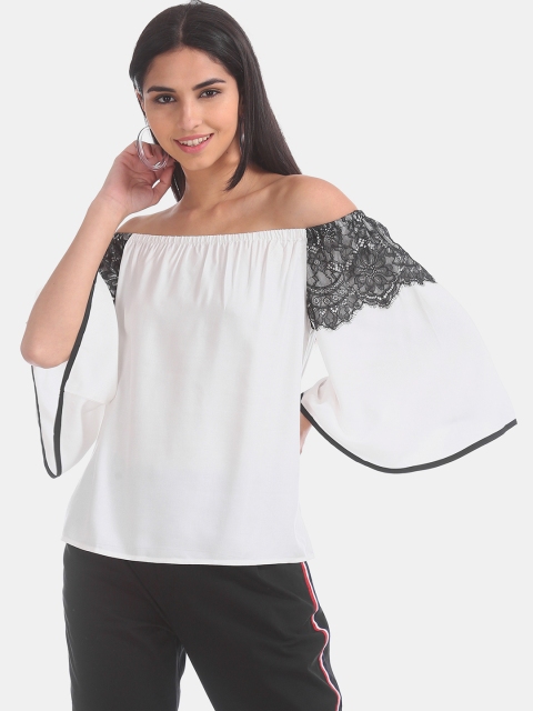 

ELLE Women White Solid Off-Shoulder Bardot Top With Lace detail