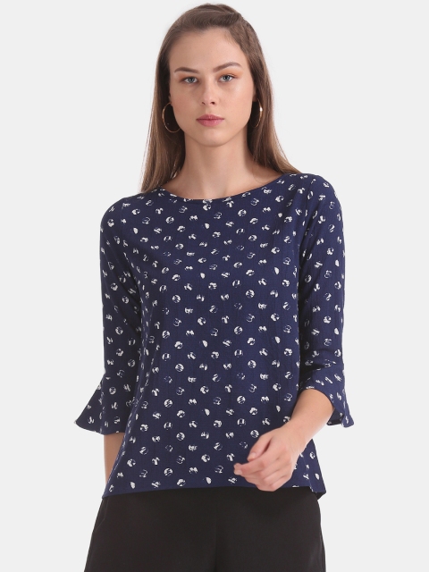 

ELLE Women Navy Blue & White Printed Bell Sleeves Crinkled Top