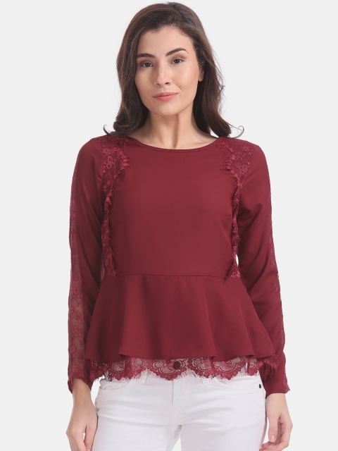 

ELLE Women Burgundy Solid Lace Peplum Top