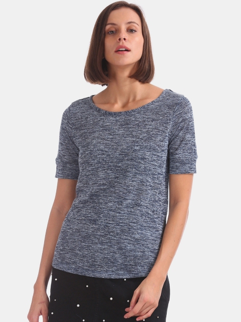 

ELLE Women Navy Blue Melange Solid Round Neck T-shirt
