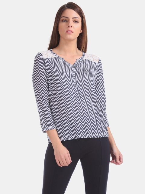 

ELLE Women White & Navy Blue Printed Top