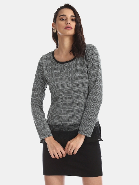 

ELLE Women Charcoal Grey Self Checked Top