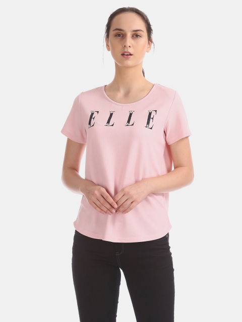 

ELLE Women Pink & Black Printed Round Neck High Low T-shirt