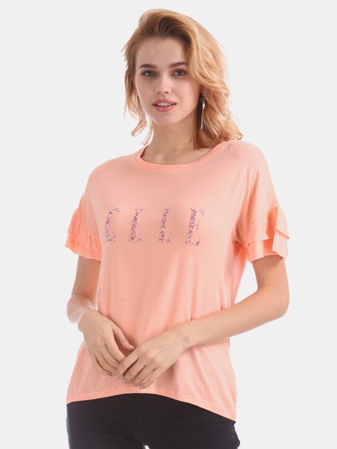 

ELLE Women Peach-Coloured Printed Top
