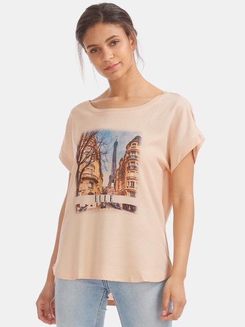 

ELLE Women Beige Printed Boat Neck T-shirt