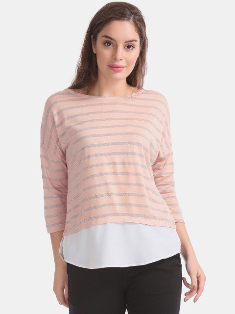 

ELLE Women Pink & Blue Self-Striped Top