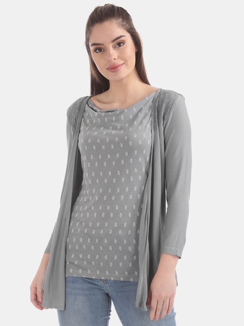 

ELLE Women Charcoal Grey & White Printed Layered Top