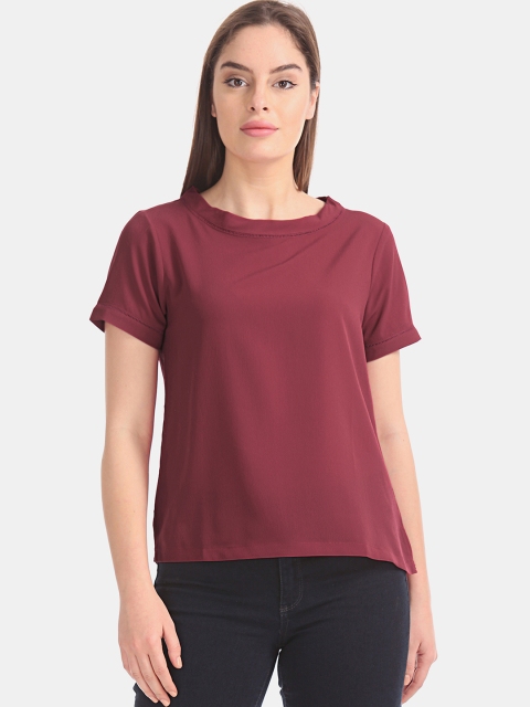 

ELLE Women Maroon Solid Round Neck Boxy Fit T-shirt