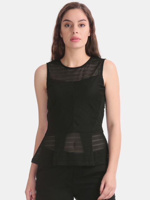 

ELLE Women Black Self-Striped Semi-Sheer Peplum Top