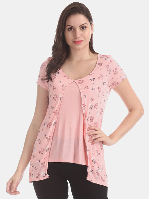 

ELLE Women Pink Floral Print A-Line Layered Top