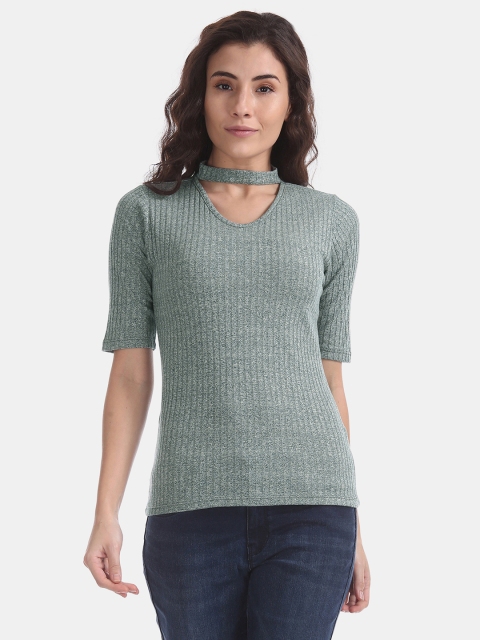 

ELLE Women Green Solid Ribbed Top