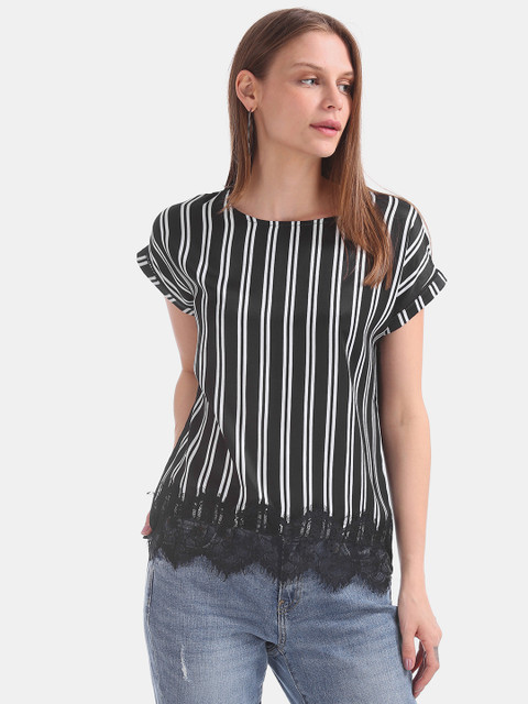 

ELLE Women Black & White Striped A-Line Top