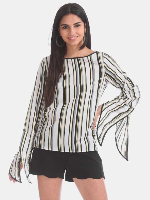 

ELLE Women White & Black Striped A-Line Top