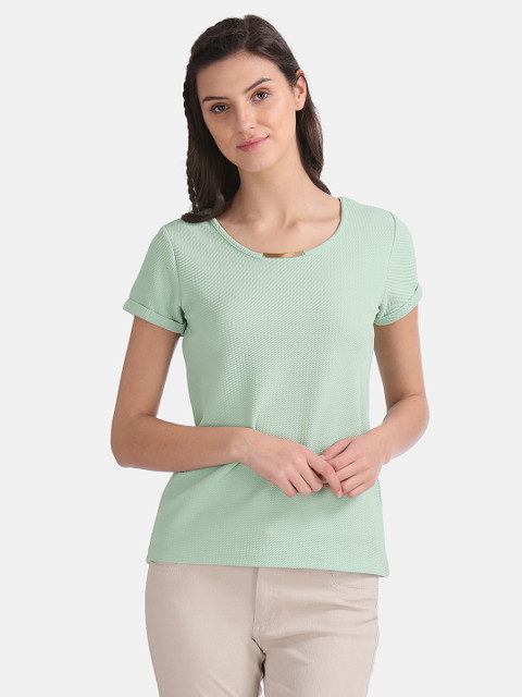 

ELLE Women Green Self-Design Textured T-Shirt