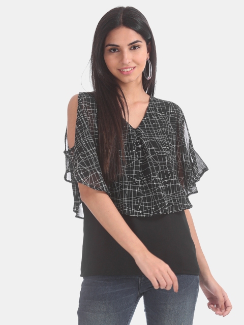 

ELLE Women Black & White Printed Cold-Shoulder Layered Top
