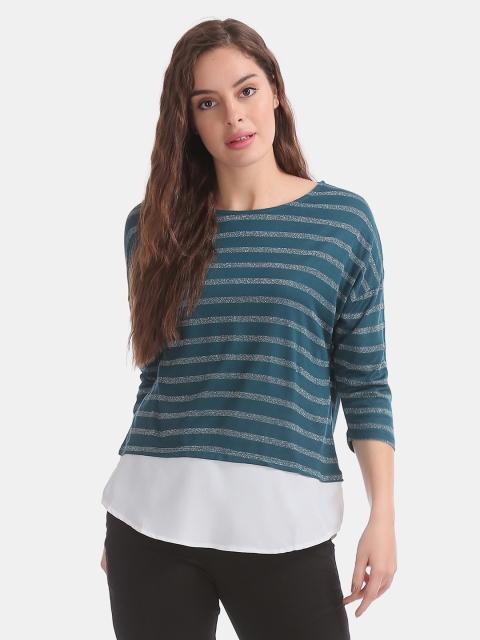 

ELLE Women Teal Blue & White Striped Top