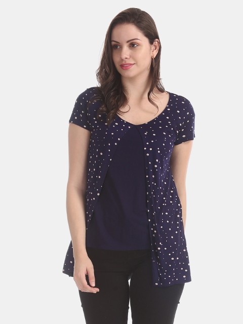

ELLE Women Navy Blue & Off-White Printed A-Line Layered Top