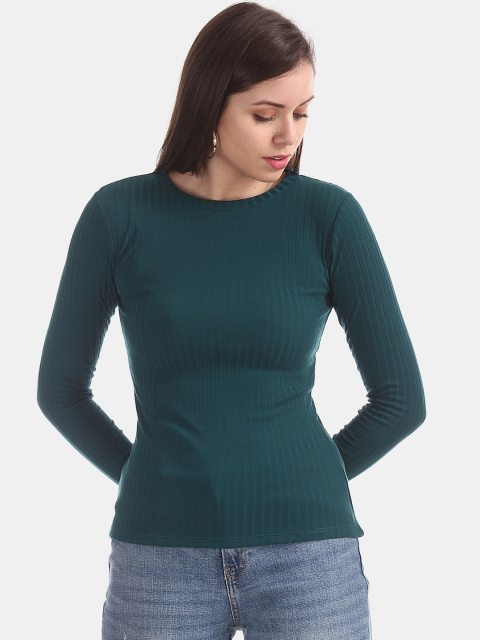 

ELLE Women Teal Green Ribbed Round Neck T-shirt