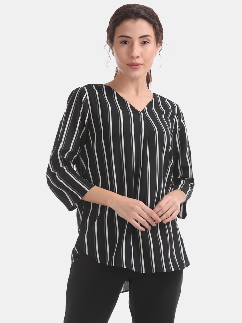 

ELLE Women Black & White Striped High-Low Top