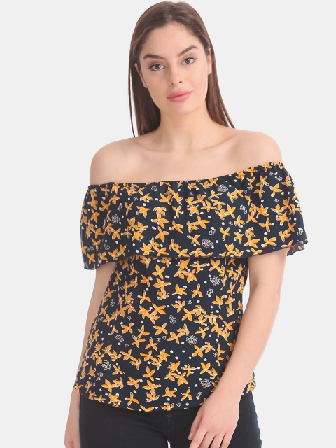 

ELLE Women Navy Blue & Yellow Floral Printed Layered Bardot Top